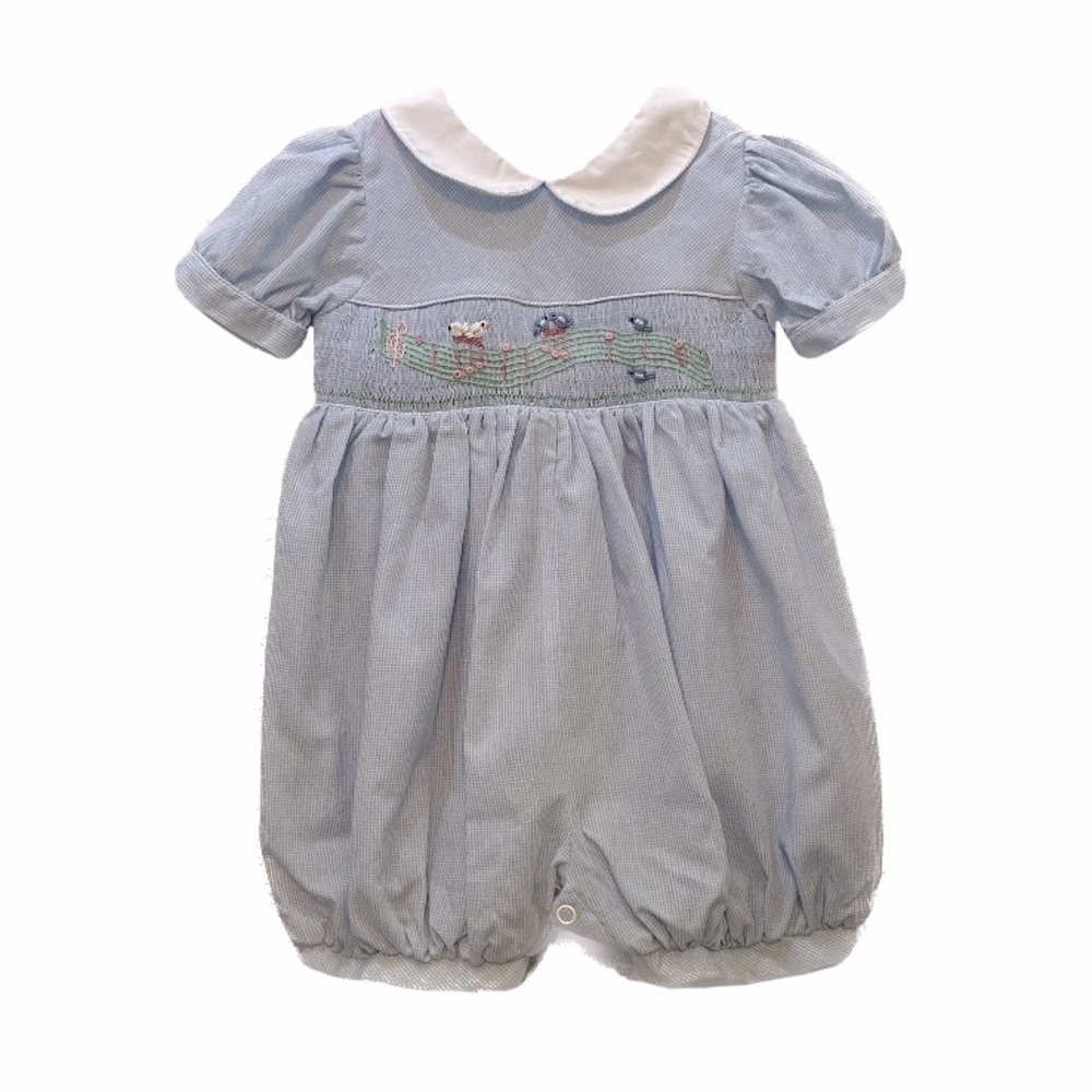 Royal Child Girls 12M Embroidered Smocked Blue Gingham Romper/Bubble